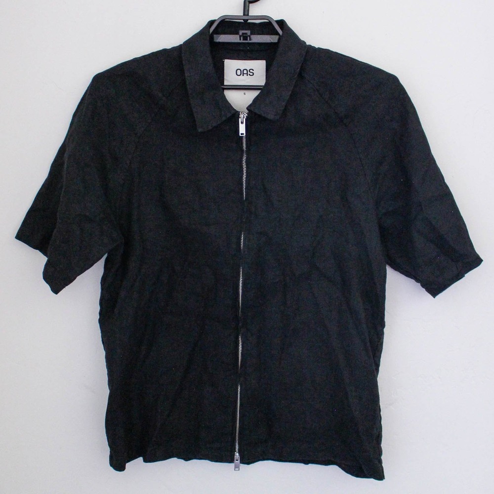 OAS Shirt Mens Small Black Linen Full Zip Short Sleeve Collared Nero Zack Resort